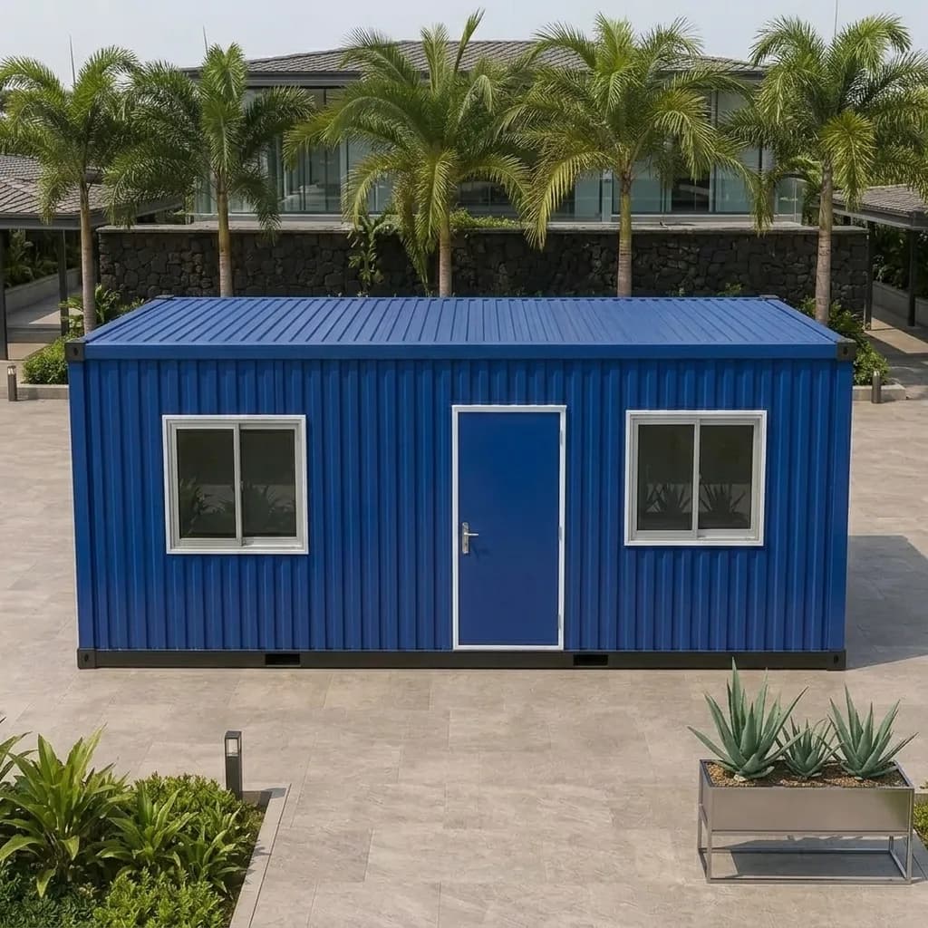 Front elevation of the blue shipping container office with a central door and two sliding windows