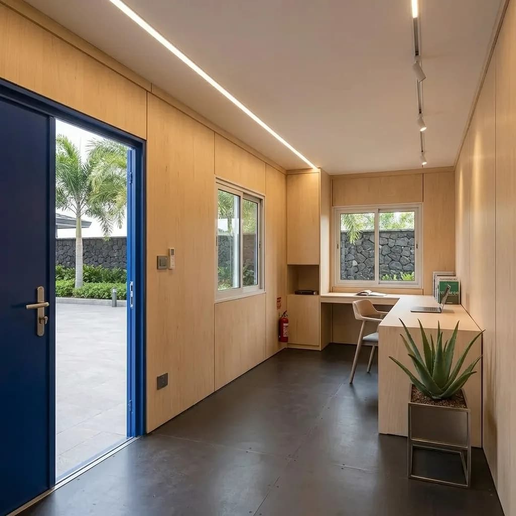 Interior of the shipping container office with timber-look panelling, a built-in desk and track lighting