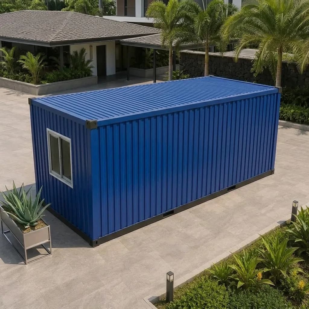 Aerial side view of the blue shipping container office showing the corrugated shell and roof