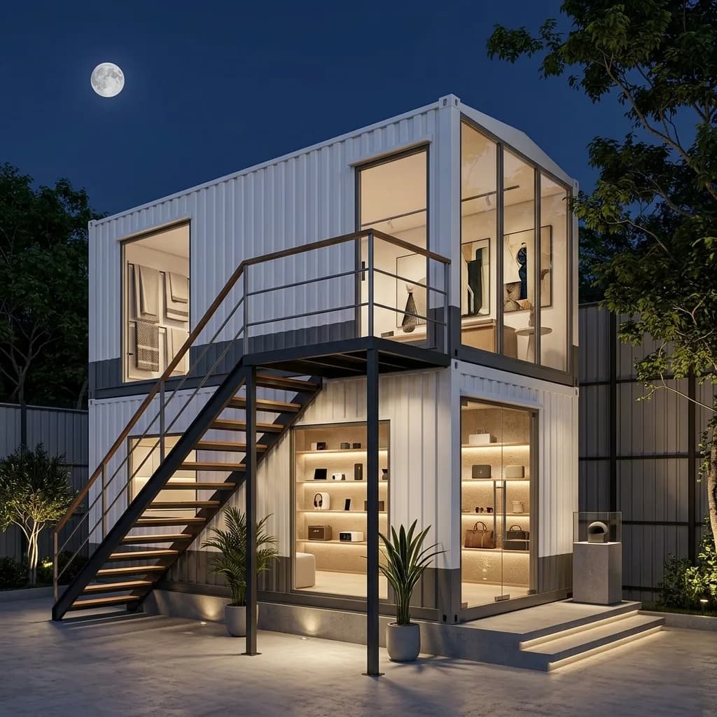 Double-storey container showroom with external staircase and lit glass display fronts by Porta Cabin Systems