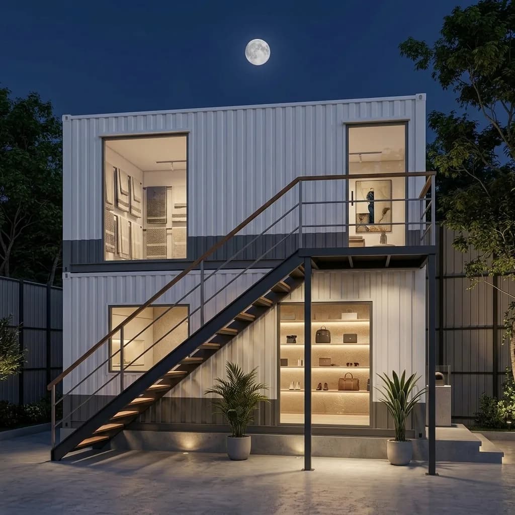 Front elevation of the double-storey container showroom with ground-floor display and upper gallery