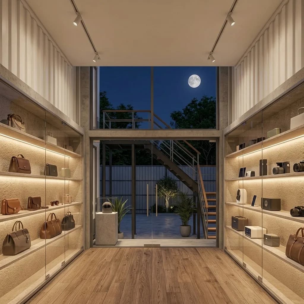 Ground-floor showroom interior with backlit glass display shelving and a glass front to the staircase