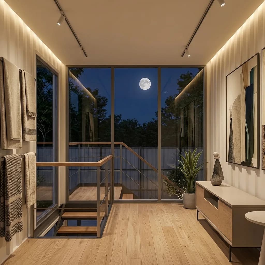 Upper-floor showroom gallery with timber flooring, display shelving and full-height glazing