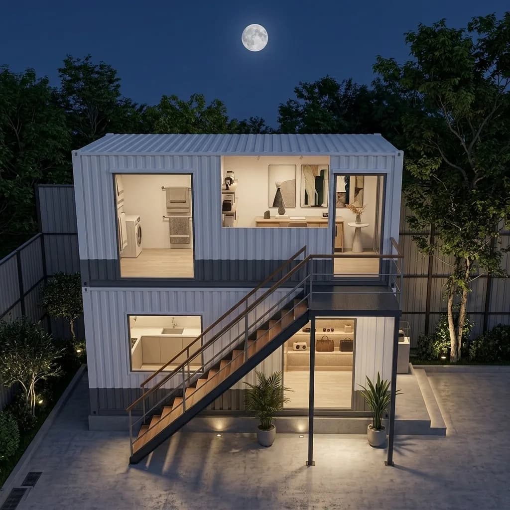 Aerial view of the double-storey container showroom with its two display levels