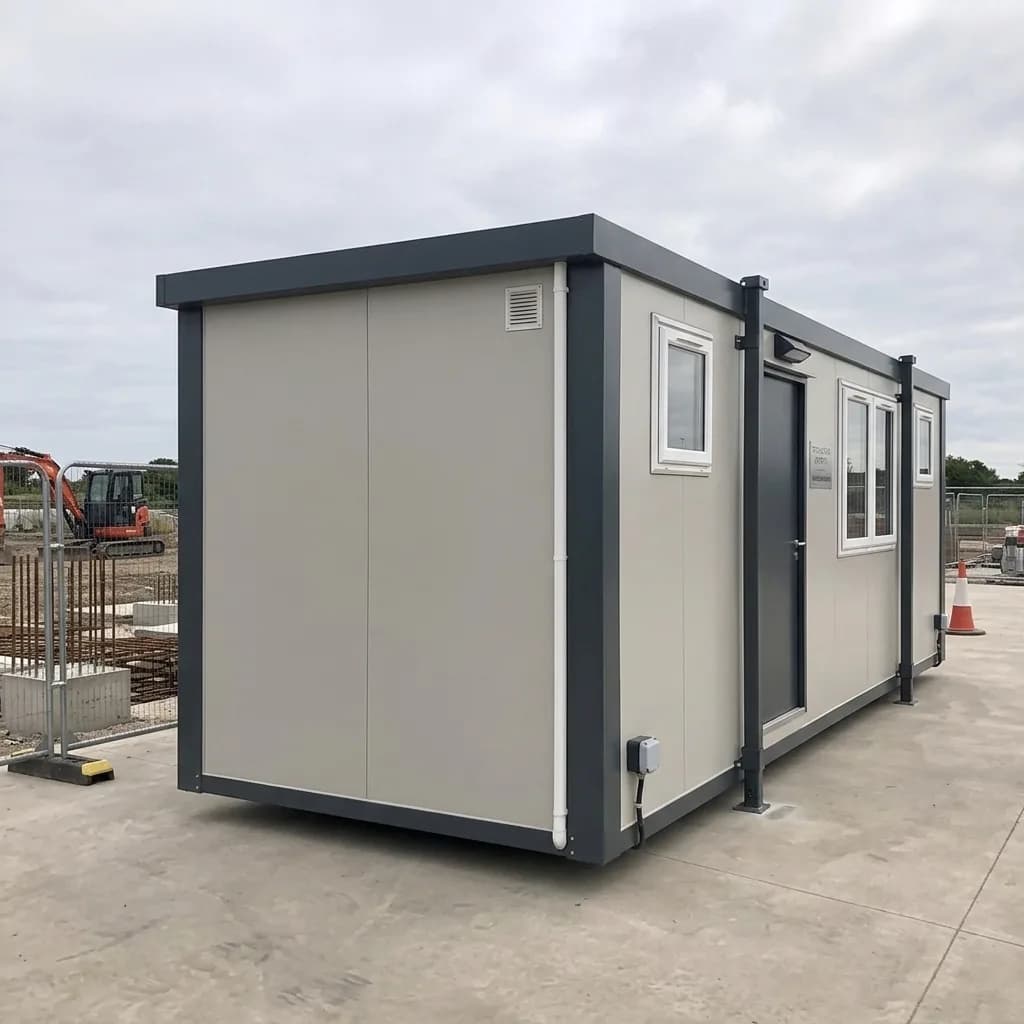20 ft portable site office — grey two-tone unit with personnel door and windows on a construction site by Porta Cabin Systems
