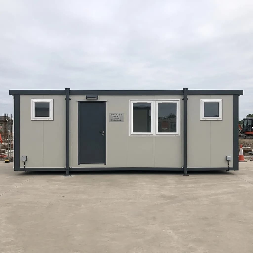 Front elevation of the 20 ft portable site office with central door, signage and three windows