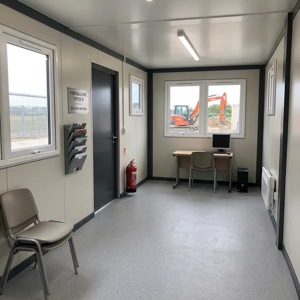 Interior of the portable site office with desk, computer, seating, document rack and fire extinguisher
