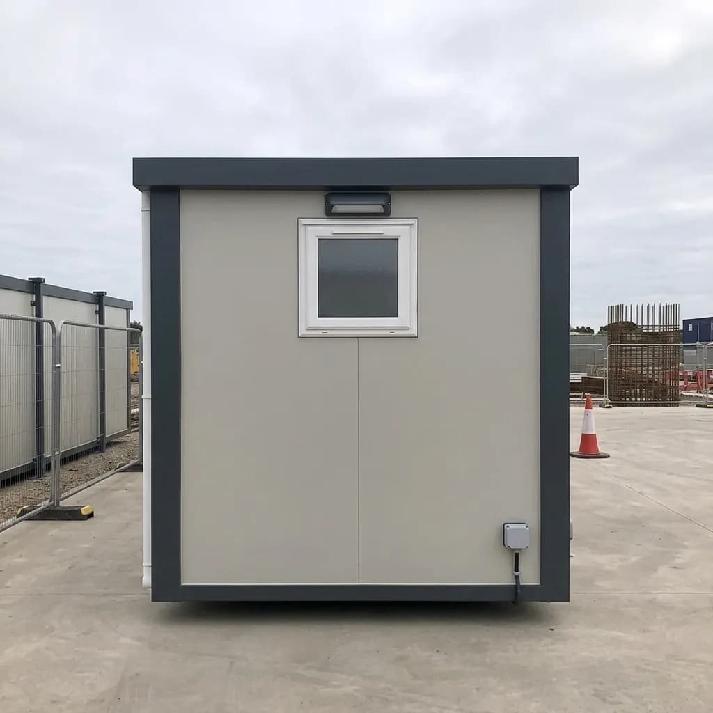 End elevation of the portable site office showing a single window and roof bulkhead light