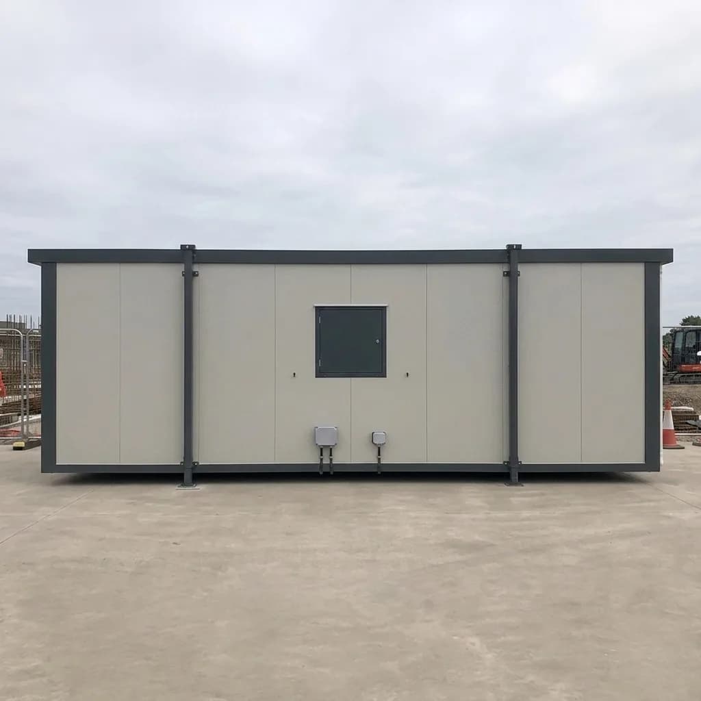 Rear elevation of the portable site office with service hatch and external electrical boxes