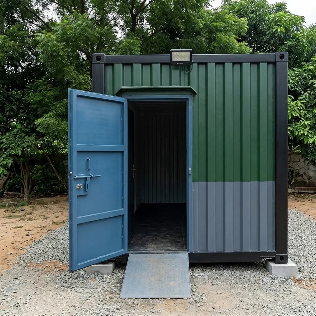 Front of the storage container with the personnel door open and a steel loading ramp at floor level