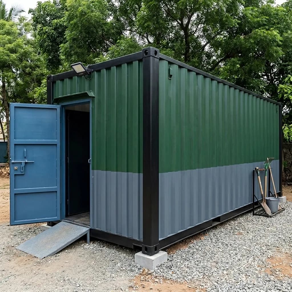 Angled view of the storage container with the side personnel door open, a loading ramp and a garden-tool rack alongside