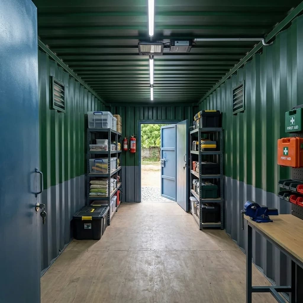 Interior of the storage container fitted with steel shelving, a workbench, a first-aid point and LED lighting
