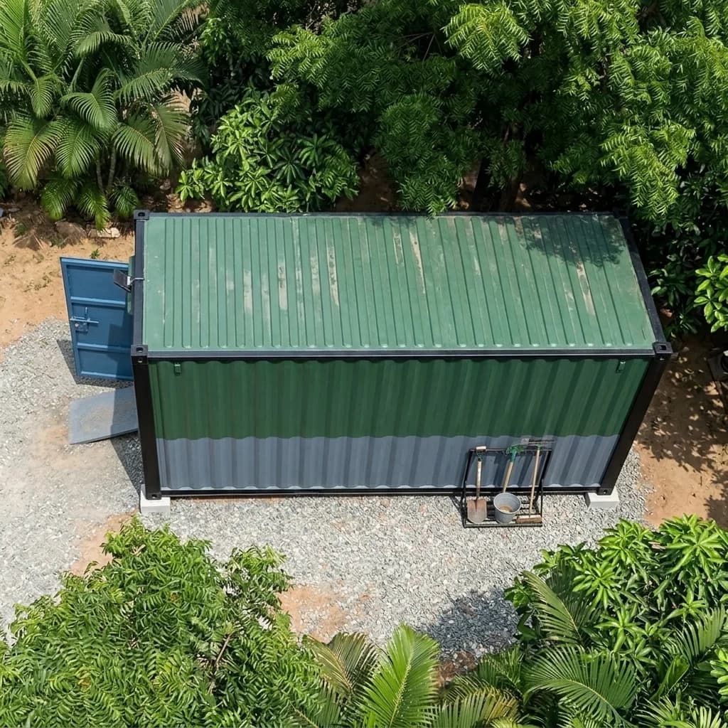 Aerial view of the storage container showing the roof, cargo-door end and gravel base