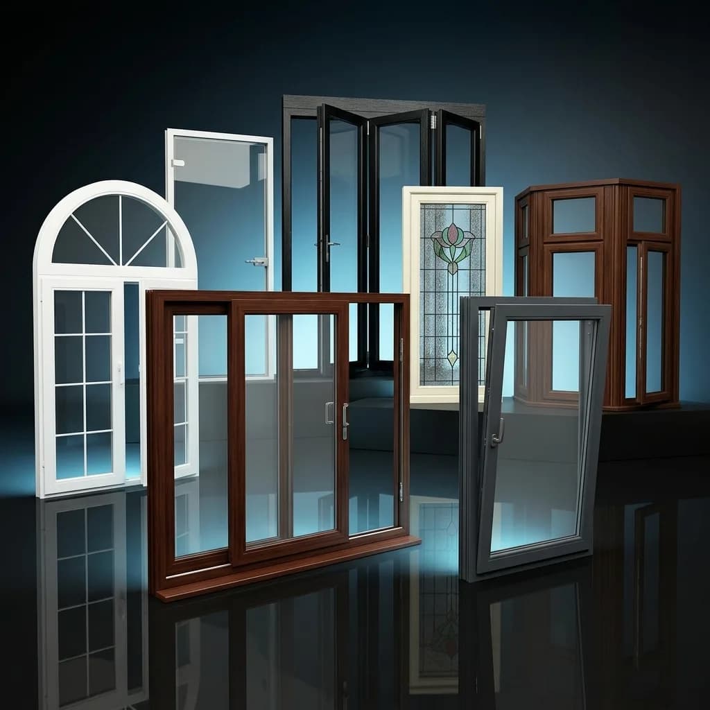 uPVC window range — arched, sliding, tilt-and-turn, bay and stained-glass styles in white, wood and anthracite