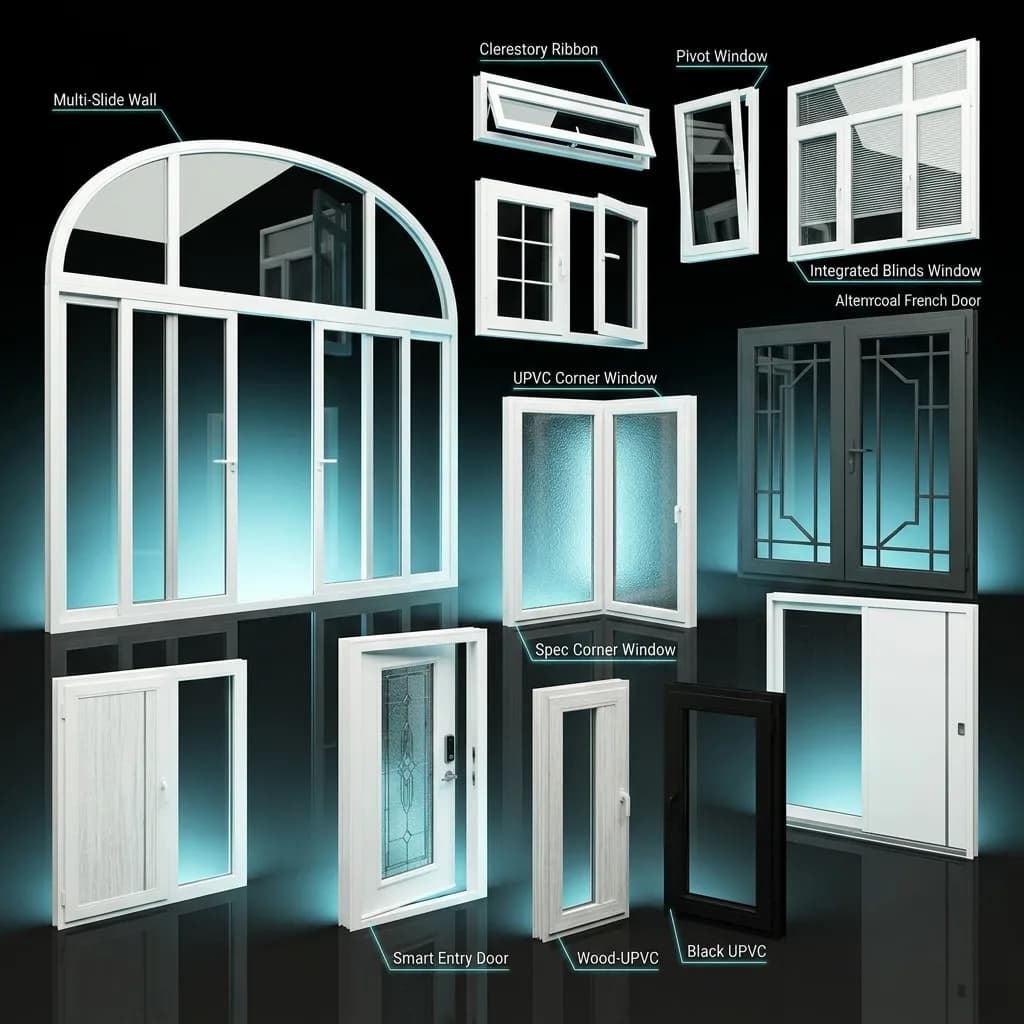 uPVC window and door types — multi-slide, clerestory, pivot, corner, French door and entry door styles