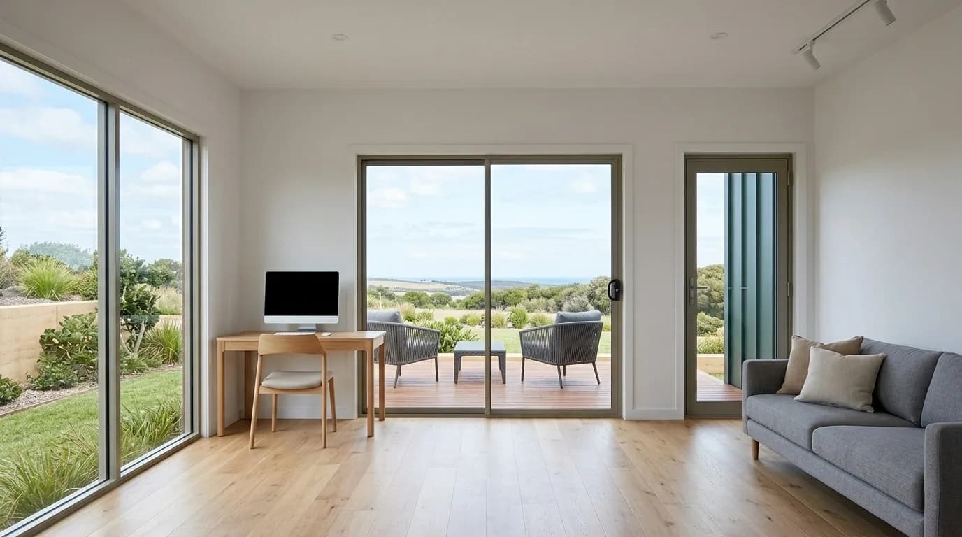Concept visualisation of a farmhouse interior: white walls, a light timber floor, a desk and chair, a grey sofa, and sliding glass doors opening onto a timber deck.