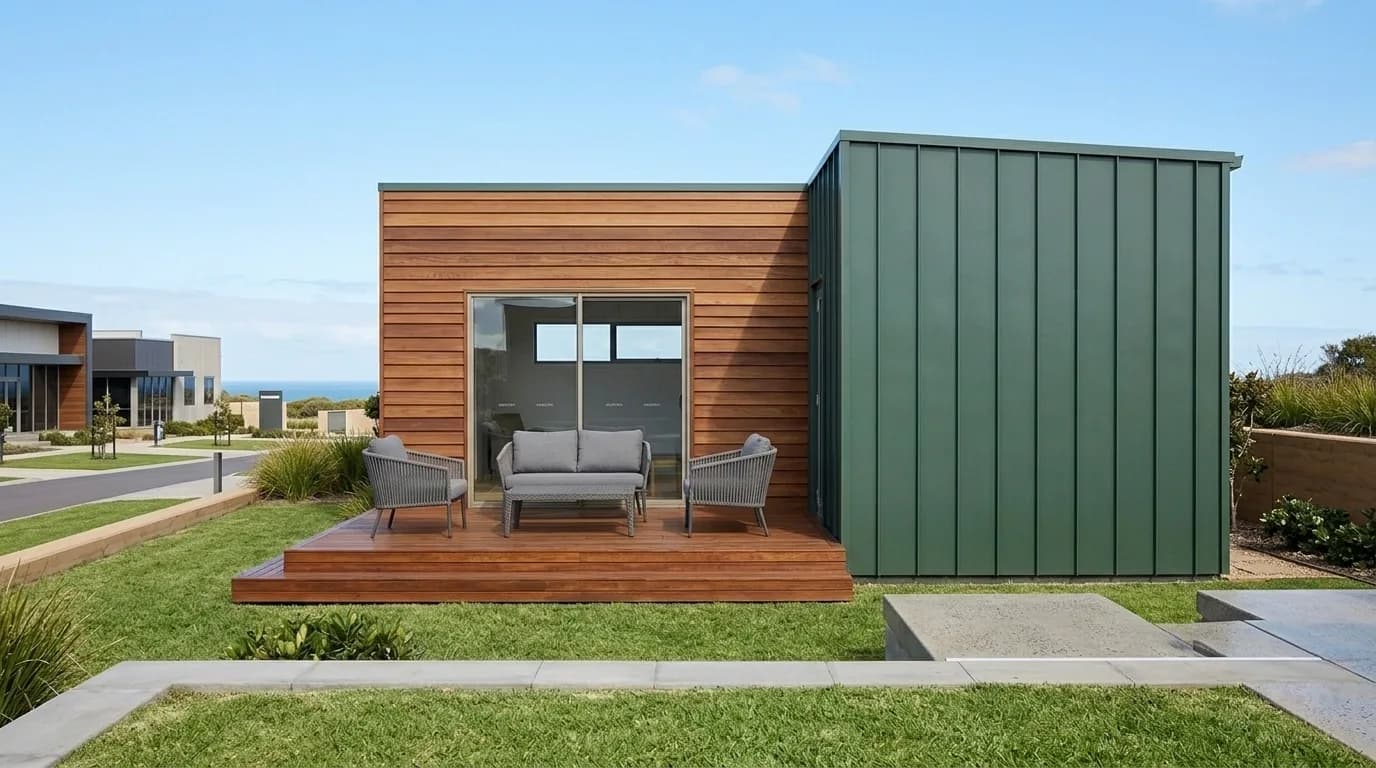 Concept visualisation of a farmhouse exterior: a timber-clad section with sliding glass doors onto a raised timber deck with a sofa and two chairs, beside a taller green metal section.