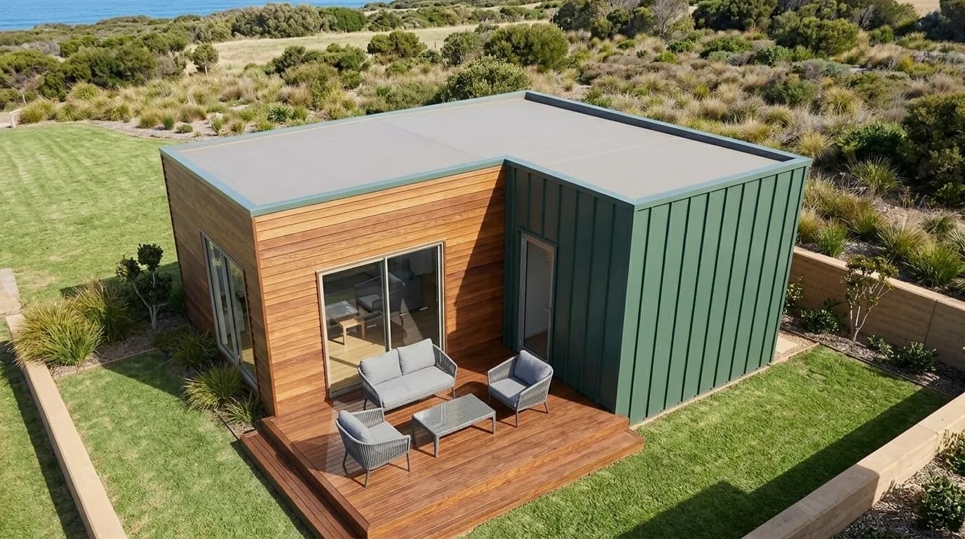 Concept visualisation, aerial view: flat roofs over a timber-clad section and a green metal section, with a raised timber deck and outdoor furniture on a lawn.
