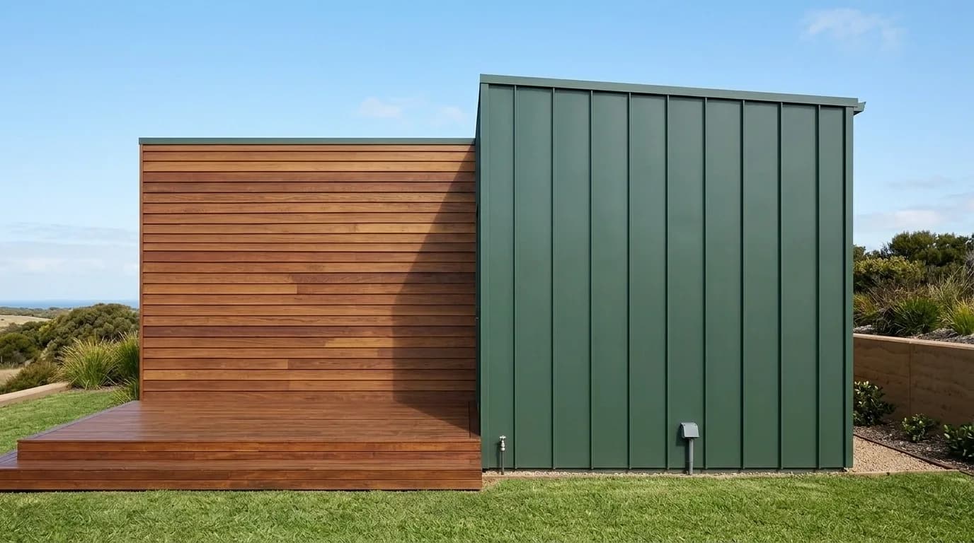 Concept visualisation of a farmhouse exterior: a timber-clad wall behind a raised deck, beside a taller green standing-seam metal wall with a utility box and a tap.