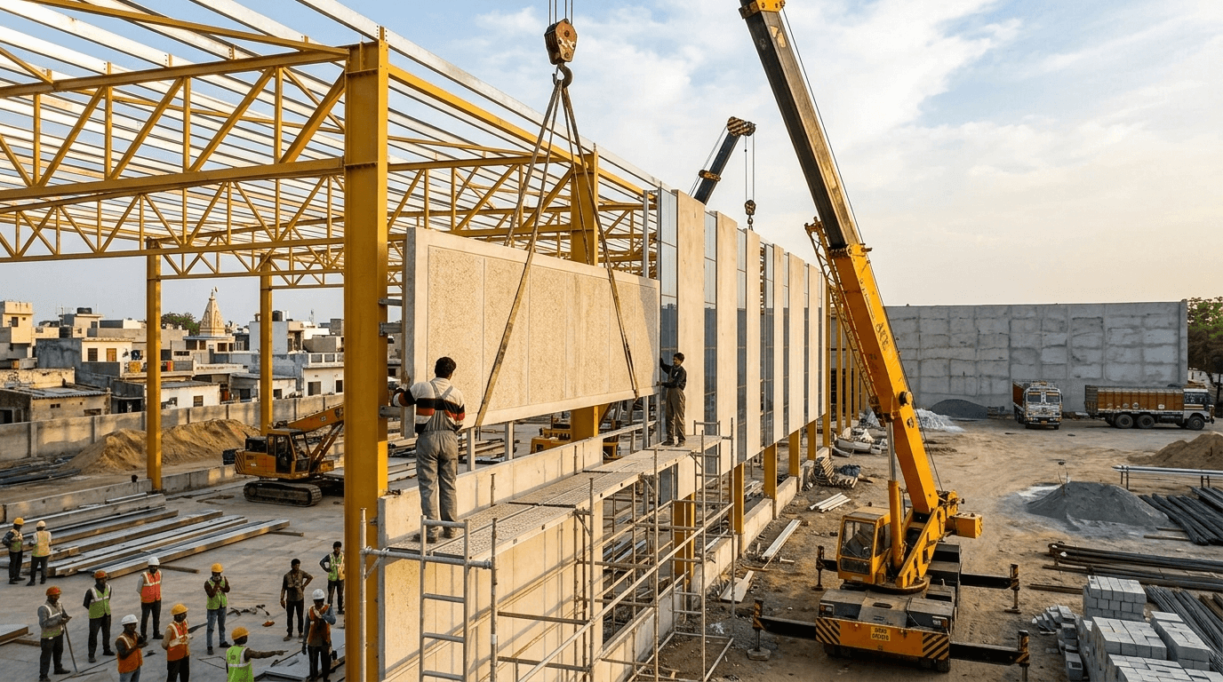 Sandwich panel walls being assembled on a steel frame at a project site