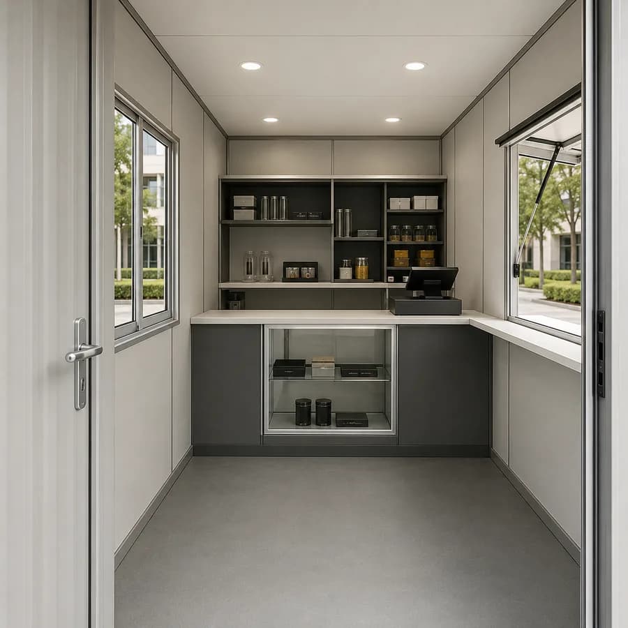 Interior of a portable shop with display shelving and counter