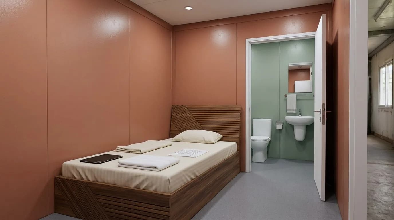 Portable staff quarters interior with attached bathroom