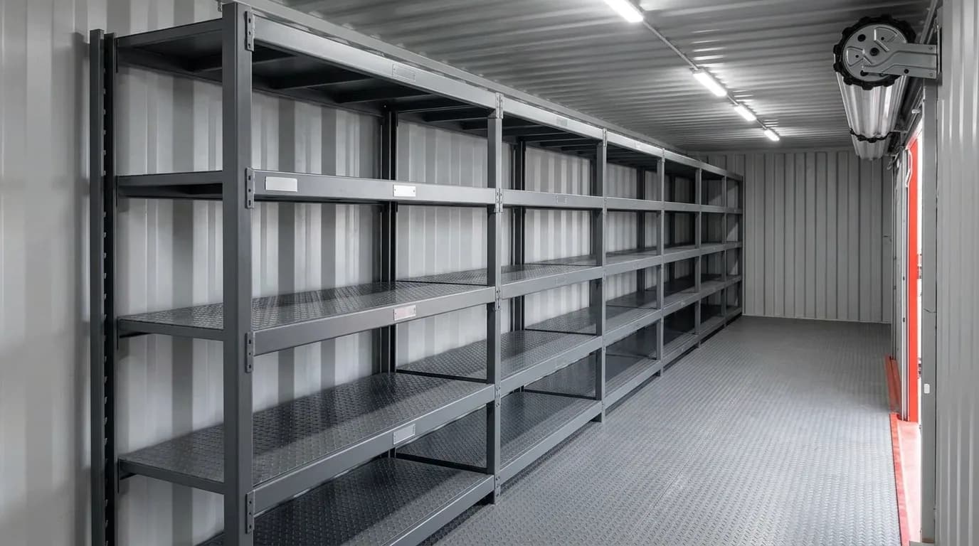 Interior of a shipping container fitted with steel shelving and lighting