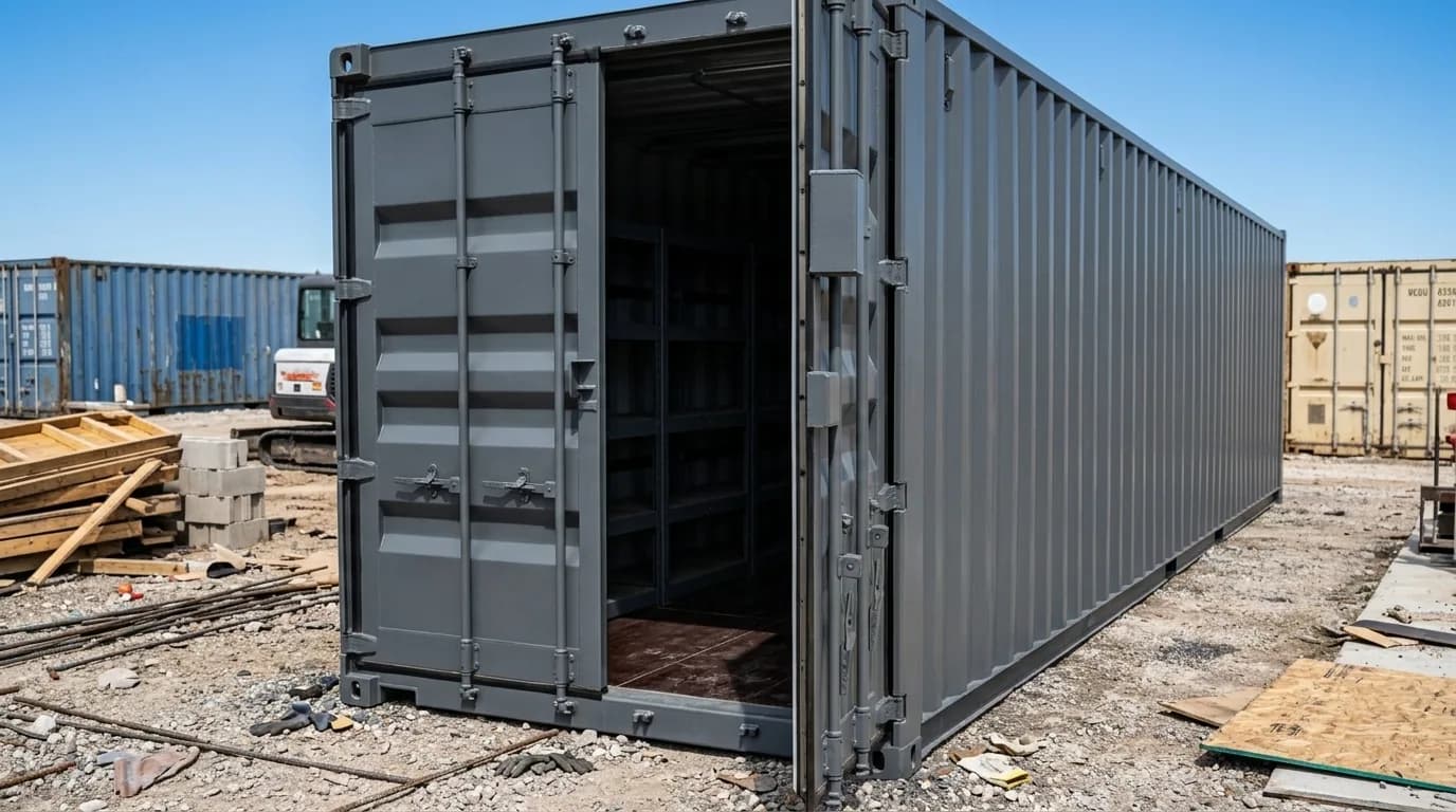 Row of shipping containers at a construction site in India