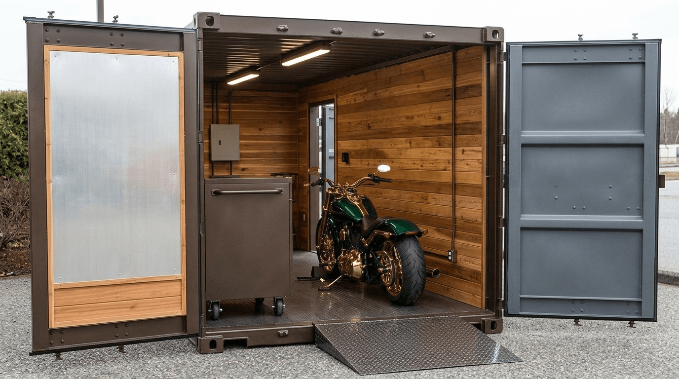 Two-wheeler display inside a container showroom with ramp access