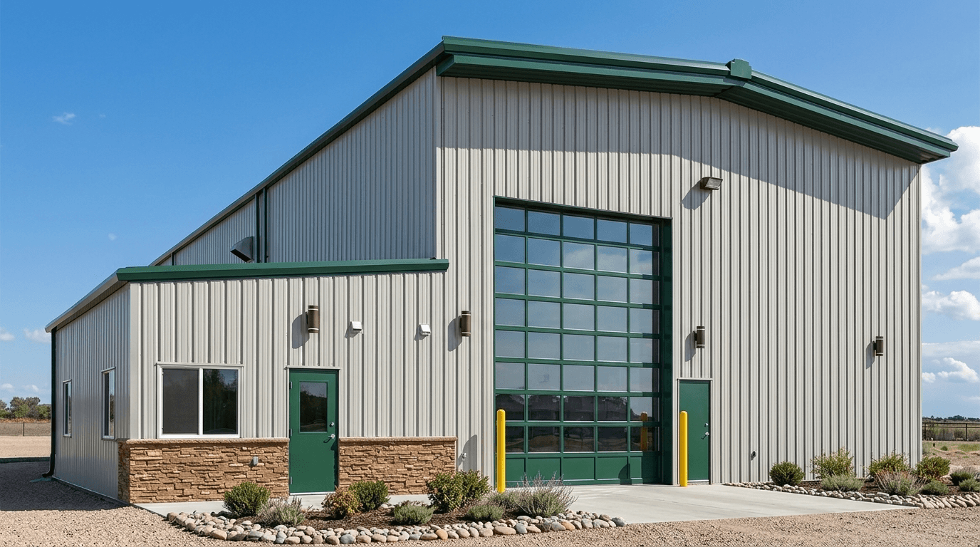 Wide-span prefabricated workshop building with roller shutter doors