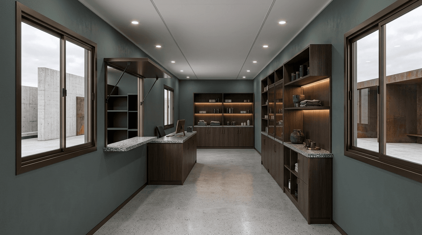 Wide-span prefab showroom interior with display plinths and spotlighting