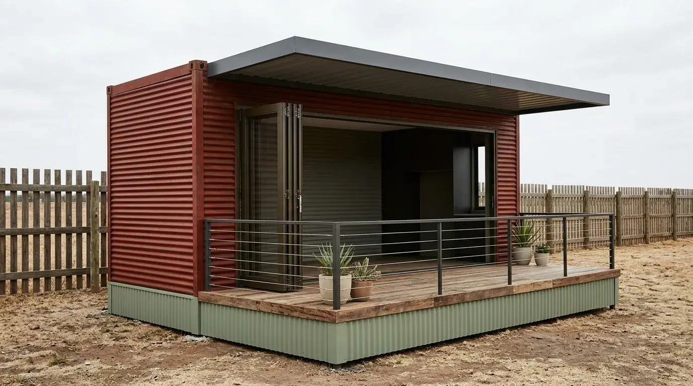 Portable 1BHK farmhouse with verandah installed on farmland by Porta Cabin Systems