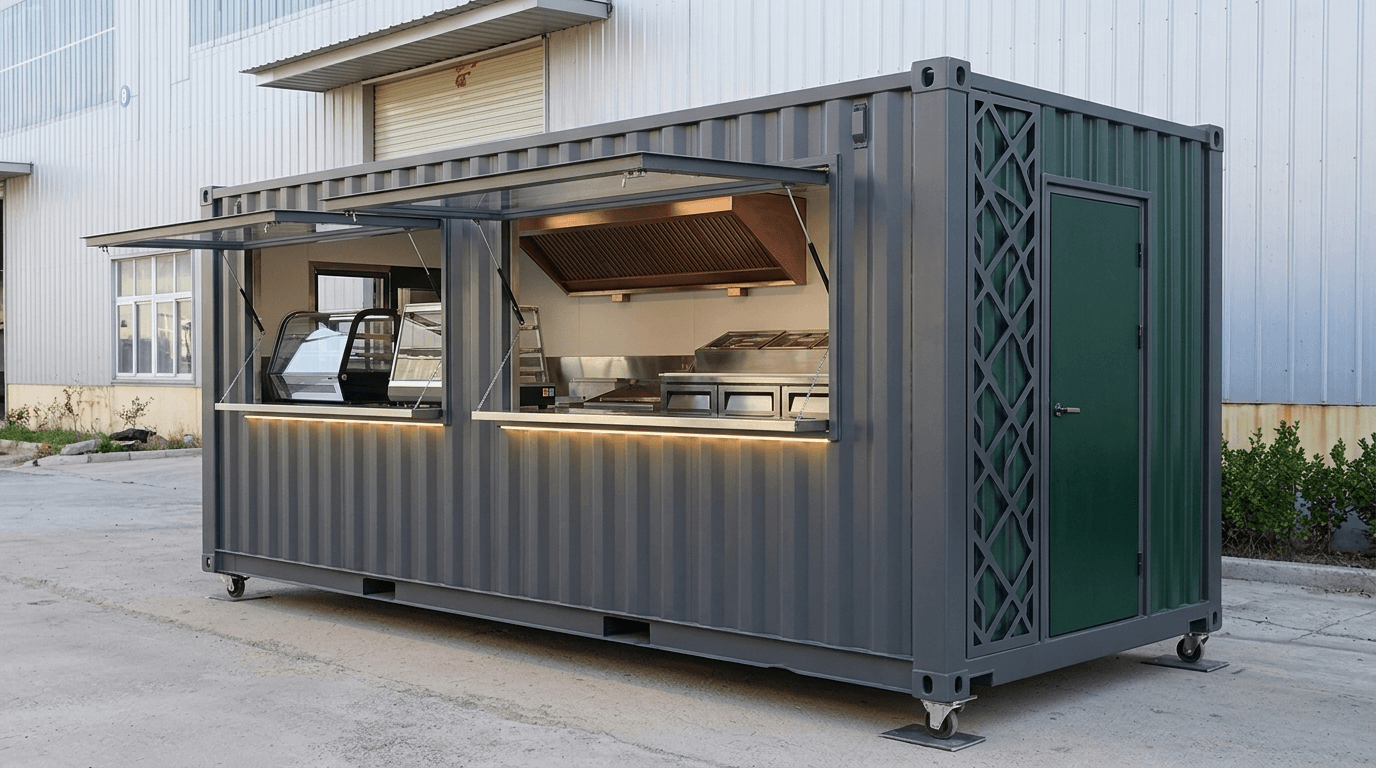 20ft container cafe with fold-out serving counter by Porta Cabin Systems