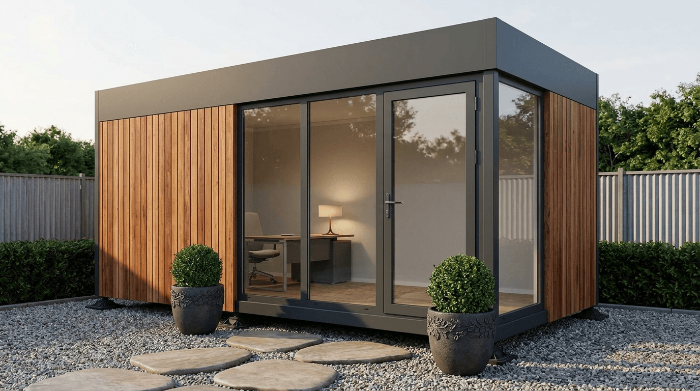 ACP-clad portable marketing office with canopy and landscaped entry
