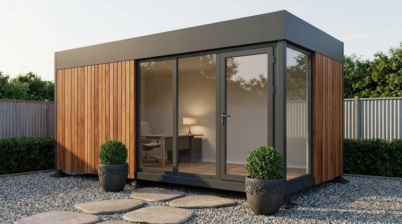 ACP-clad portable marketing office with canopy and landscaped entry