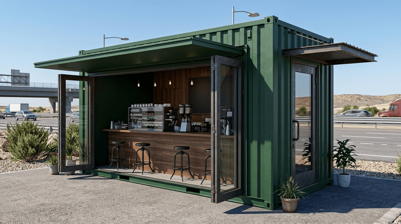 Brightly branded container coffee shop at a highway location in India