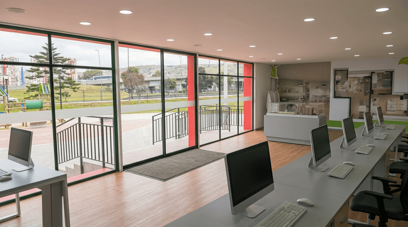 Interior of a campaign office cabin with enquiry counters and demo zone