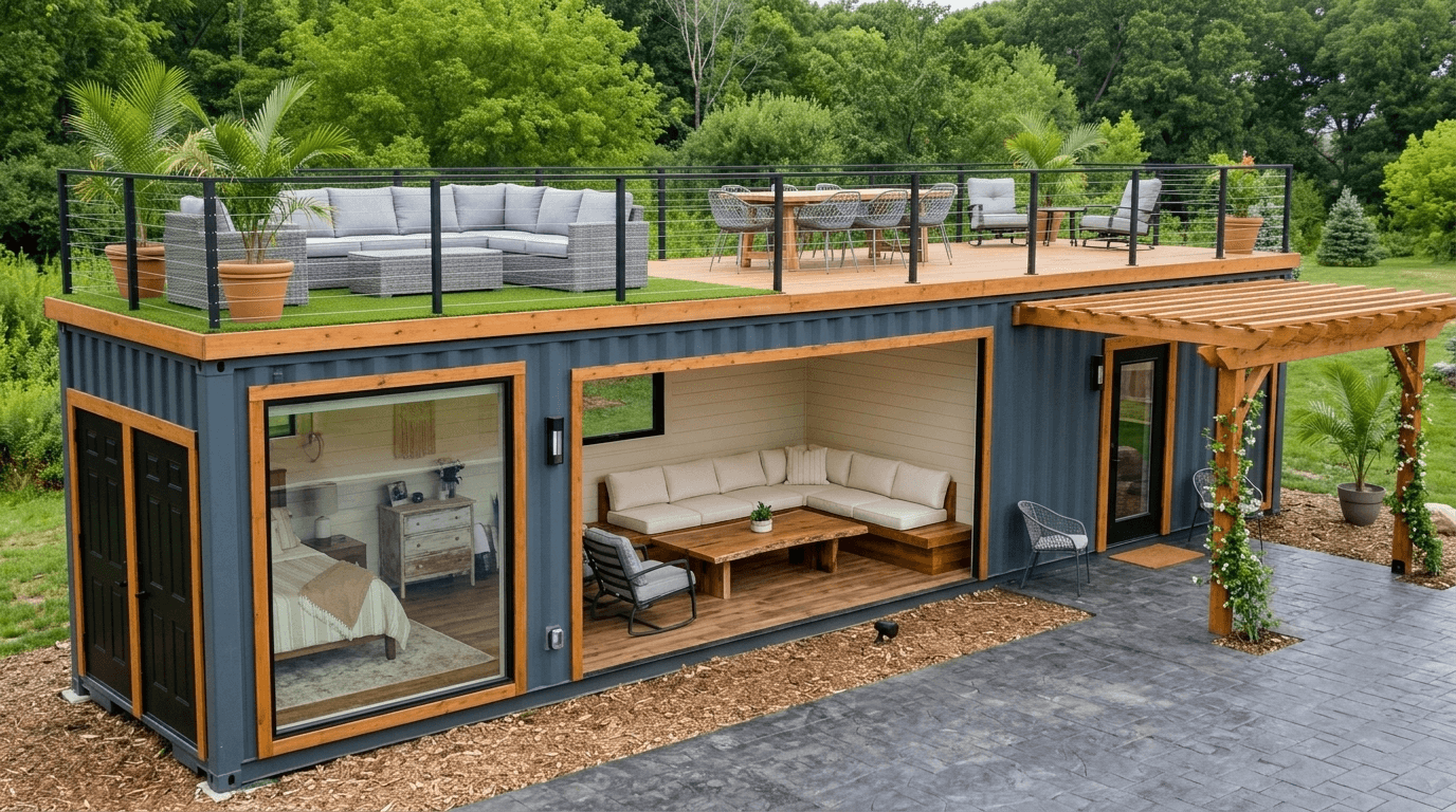 40ft container farmhouse with deck and pergola on farmland by Porta Cabin Systems