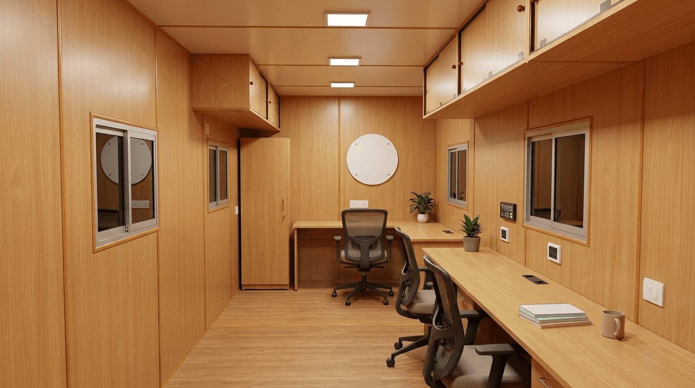 40ft portable office container interior with workstations and AC