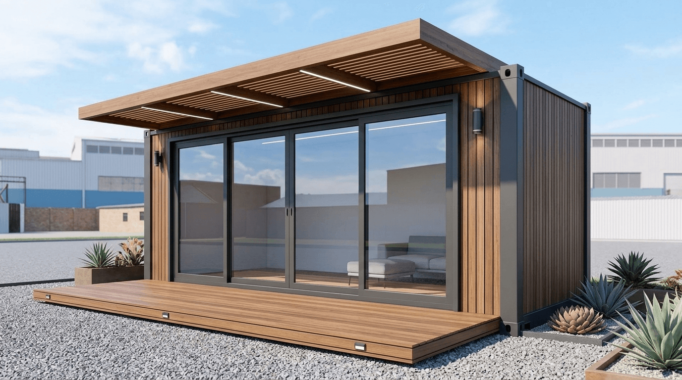 40ft high cube shipping container office with glass front and deck