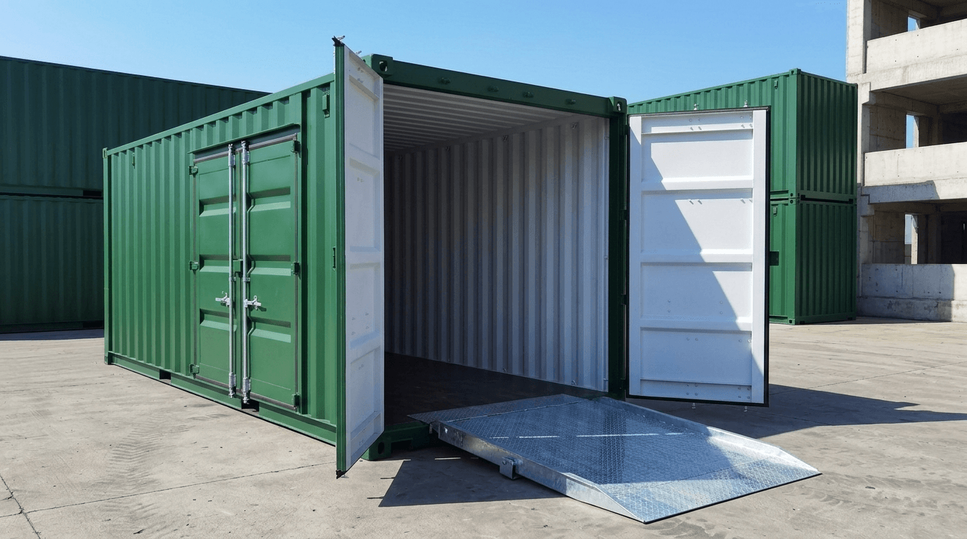 Branded storage container with side access door and ramp