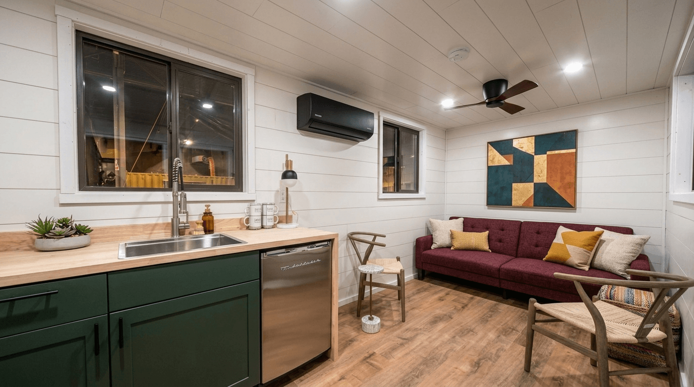 Interior of a converted container house with kitchen and living area