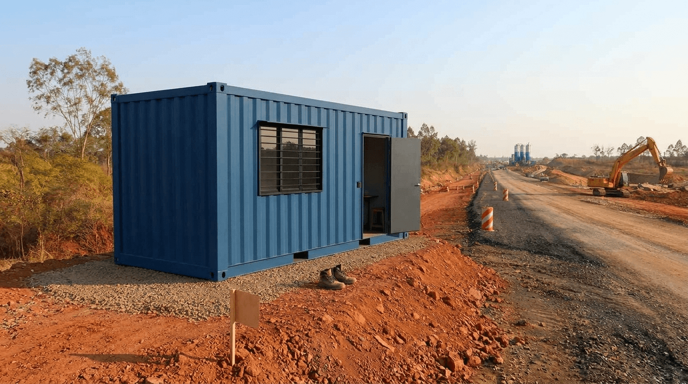 Container site office installed at a construction site in India