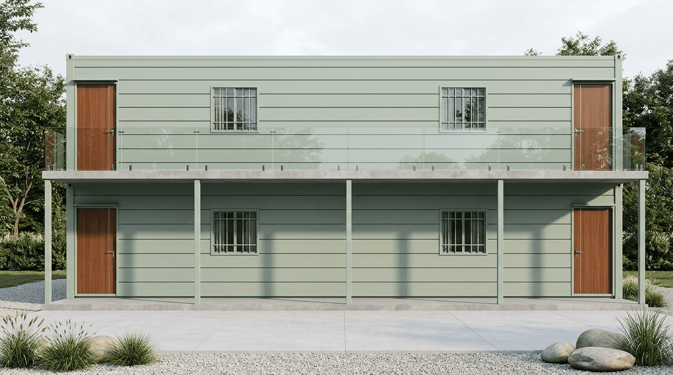 Double-stacked shipping container office building at an industrial site in India