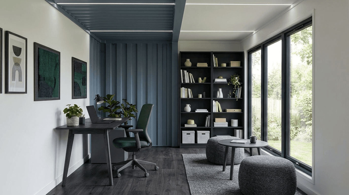 Interior of an insulated shipping container office with workstations