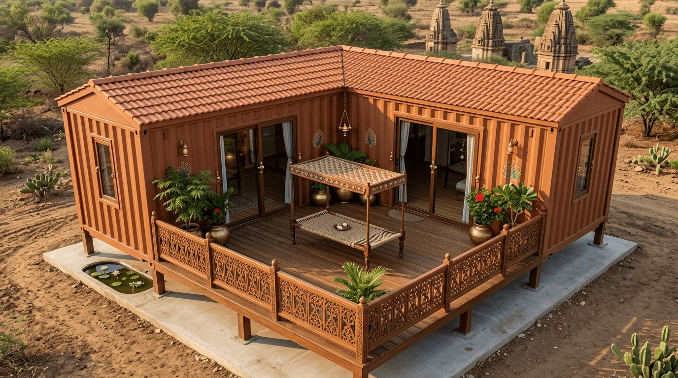 L-shaped two-container farmhouse with courtyard seating