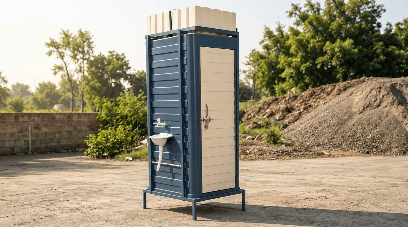 Portable toilet cabin with overhead water tank