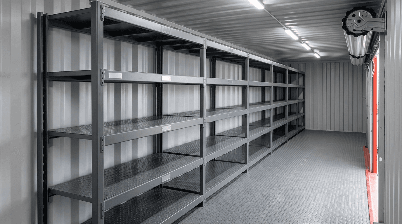 Interior of a storage container fitted with steel shelving and lighting