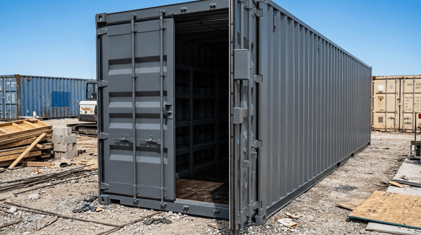 Row of storage containers at a construction site in India