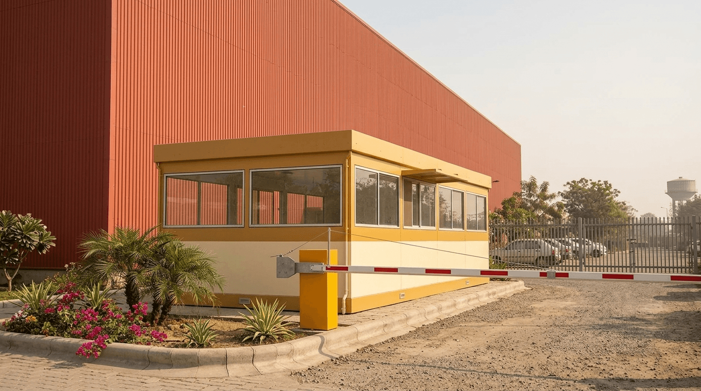 Twin-guard portable security cabin installed at a factory gate